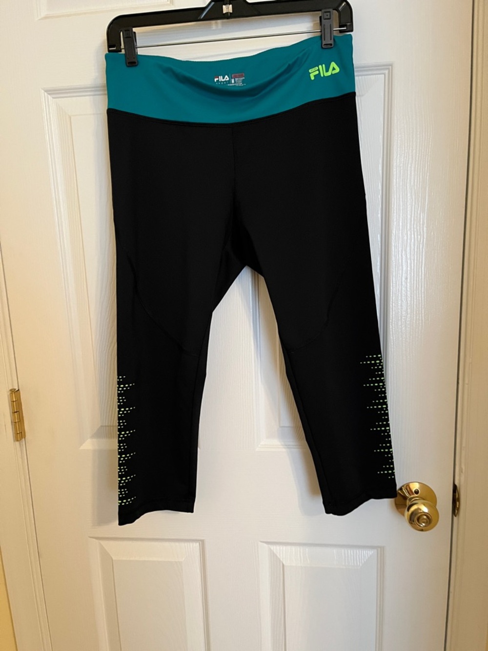 Fila Black Capri Leggings with Teal Waistband and Neon Logo